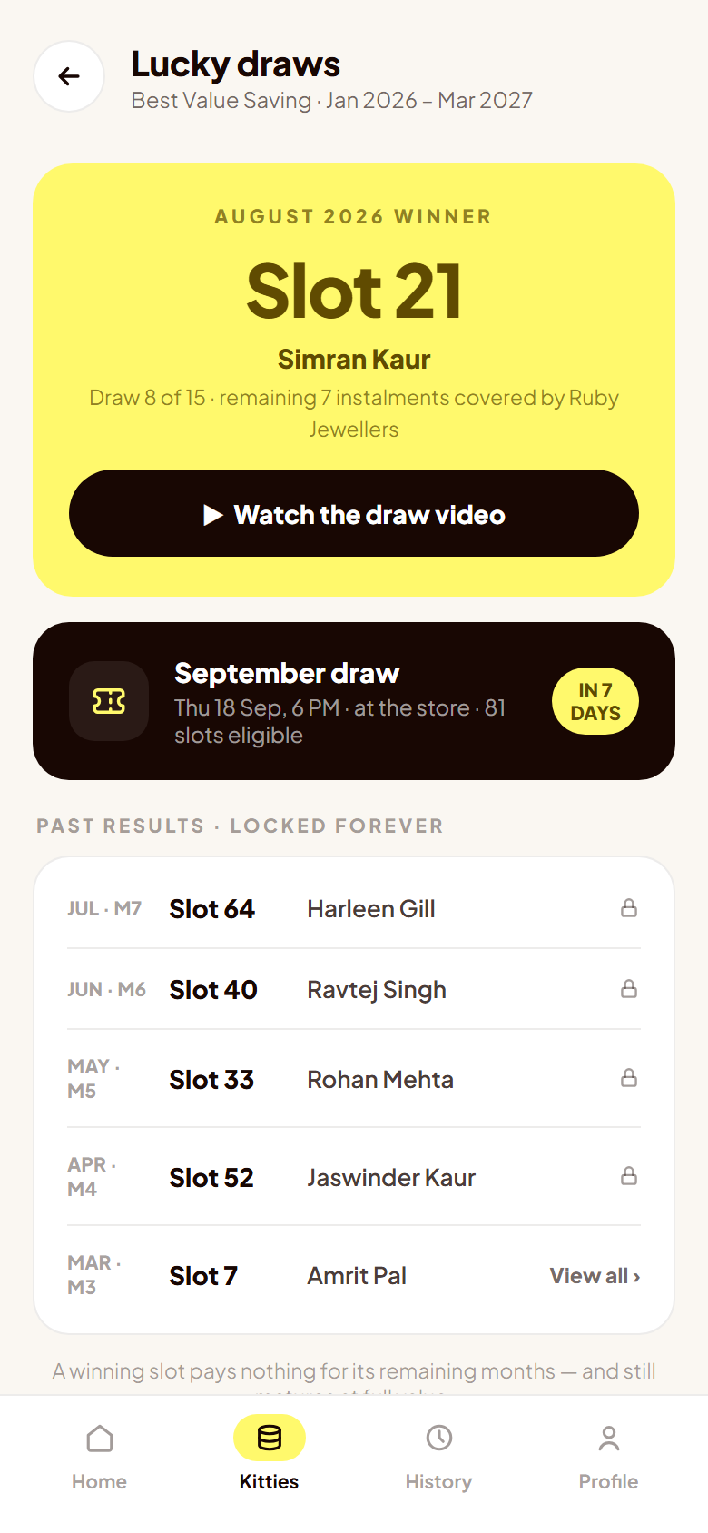Lucky draws screen: August winner slot 21, next draw date, past results