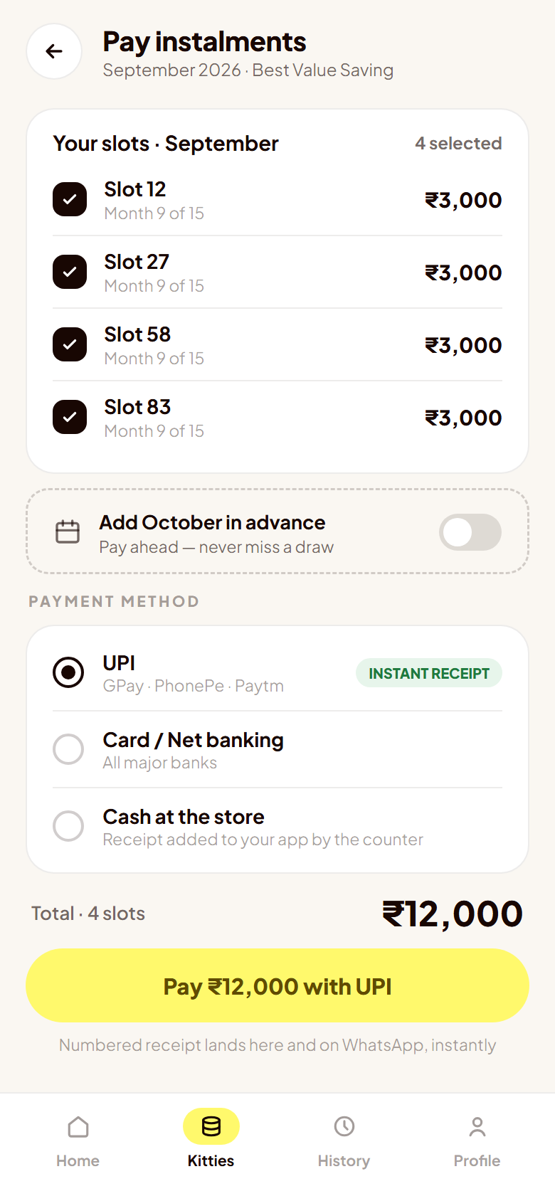 Payment screen: instalments selected across four slots, UPI chosen, one Pay button