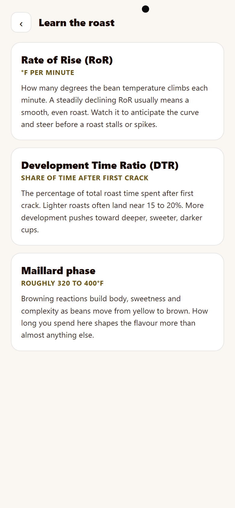 In-app explainer defining rate of rise and development time ratio