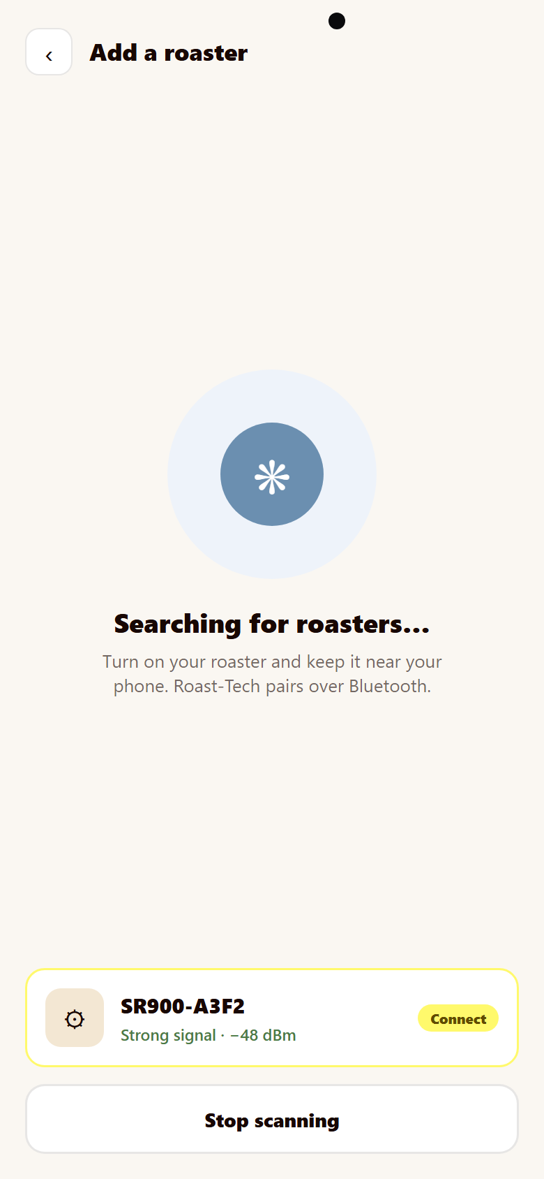 Pairing screen: connect your roaster over Bluetooth