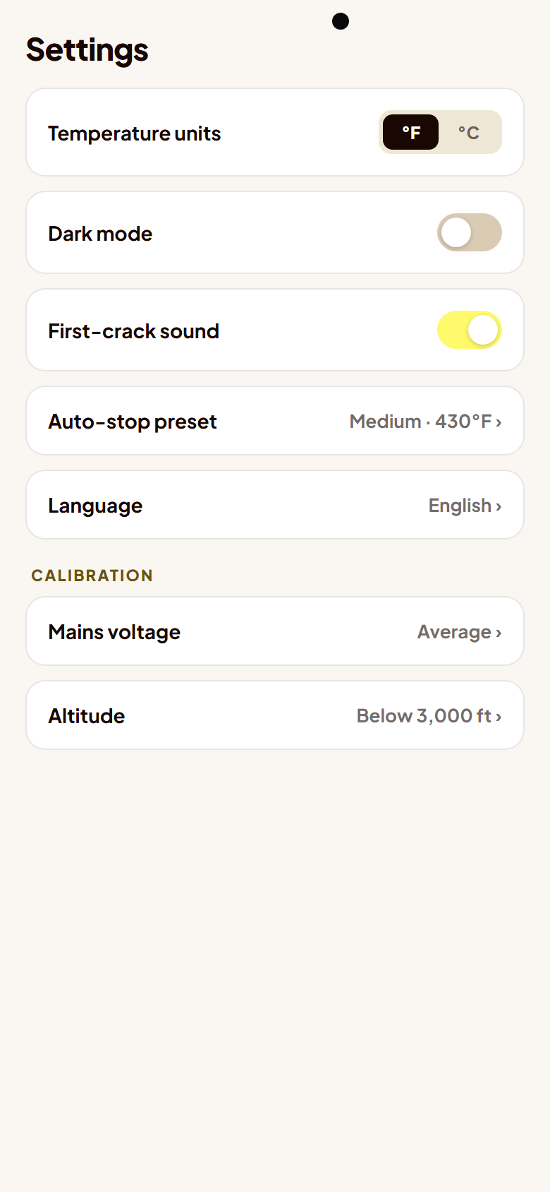 Settings screen: units, auto-stop preset, calibration for voltage and altitude