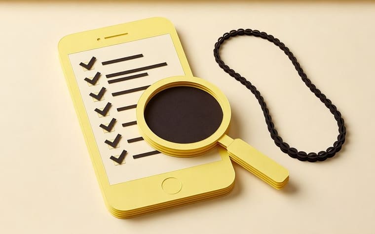 Paper craft illustration of a jeweller at the counter ticking a ten point checklist beside a phone showing a gold scheme app