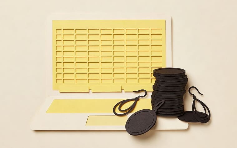 Paper craft illustration of a spreadsheet with three tabs beside a jewellery shop counter, gold coins and a receipt book