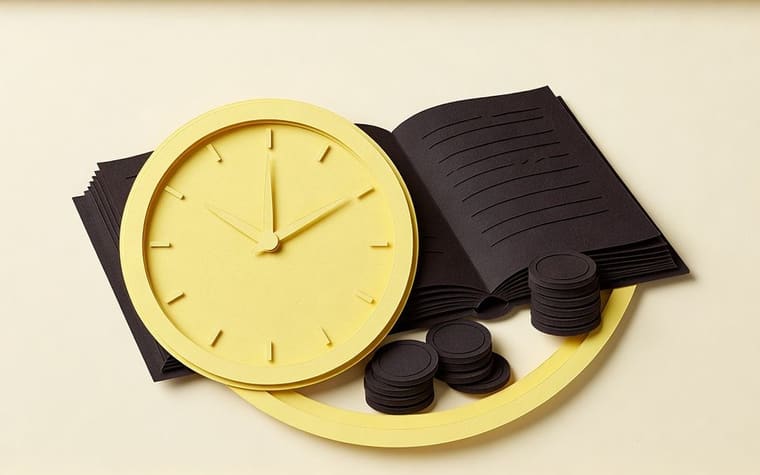 Paper craft illustration of a jewellery counter with a gold scheme register, a wall clock and a clipboard time log with empty boxes