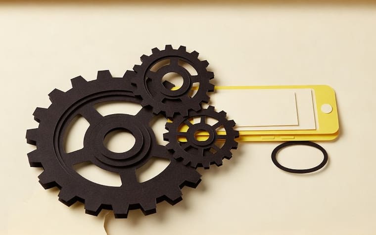 Paper craft illustration of a jeweller at a counter with an open scheme register on one side, a phone on the other, and a small clockwork wheel between them