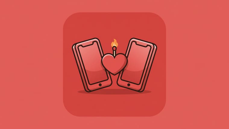 Illustration of a dating app showing profile cards, a swipe gesture, a match screen and a chat thread