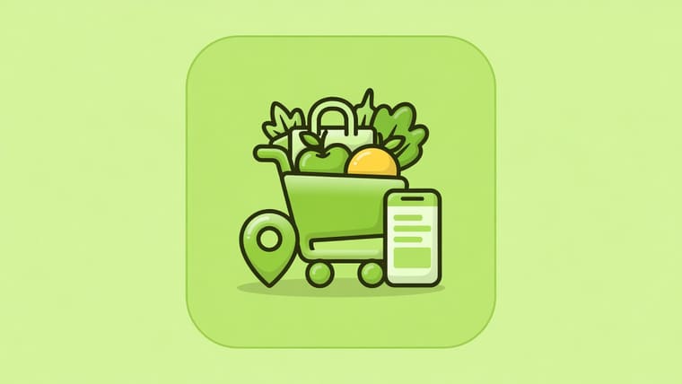 Illustration of a grocery delivery system with a customer app, a shopper app, a store catalog and a delivery route