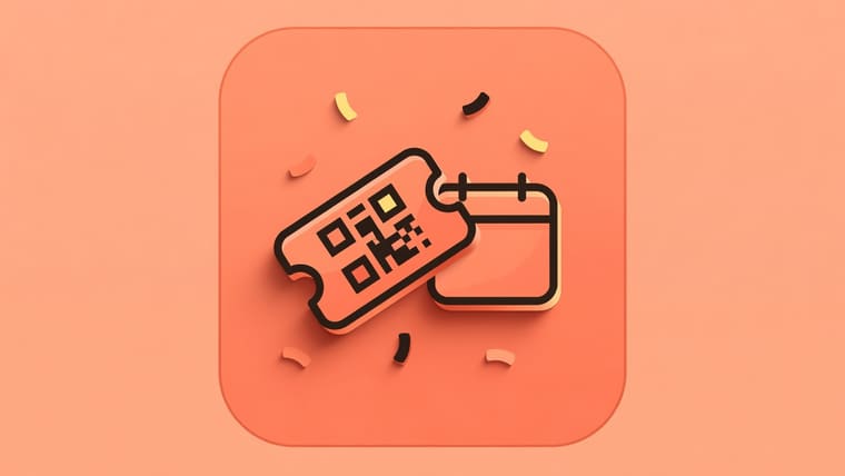 Illustration of an event ticketing app showing event creation, QR ticket check-in, payments and payouts, and discovery connected to a shared events core