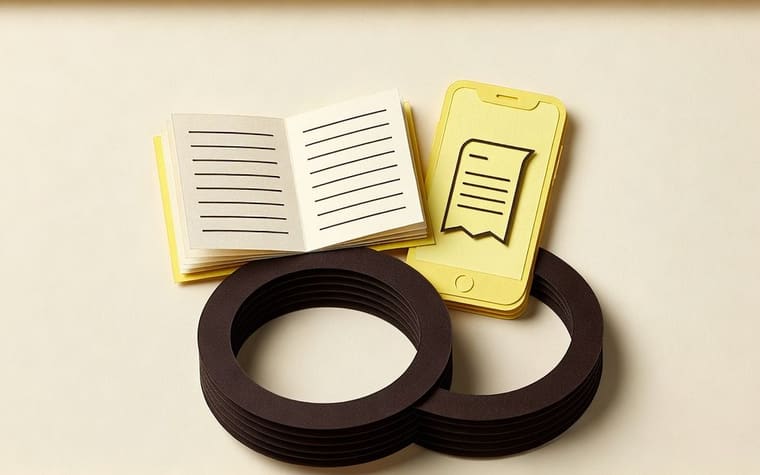 Paper craft illustration of a jewellery shop customer holding a passbook and a phone that show the same gold scheme record
