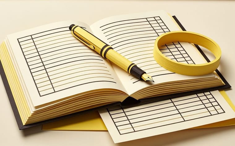 Paper craft illustration of an open gold scheme register on a jewellery shop counter with ruled columns, a pen and a receipt book beside it