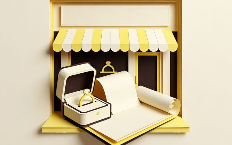 Paper craft illustration of two jewellery shop counters joined by a single ledger, with a head office desk above watching both branches at once