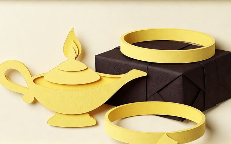Paper craft illustration of a jewellery shop owner sending a friendly offer to a customer, shown as a phone with a gift message and a happy customer holding the same phone