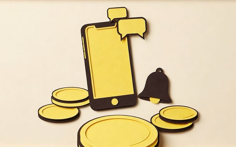 Paper craft illustration of a jewellery shop counter with a small clock, an open payment record and a phone showing a reminder message going out on its own